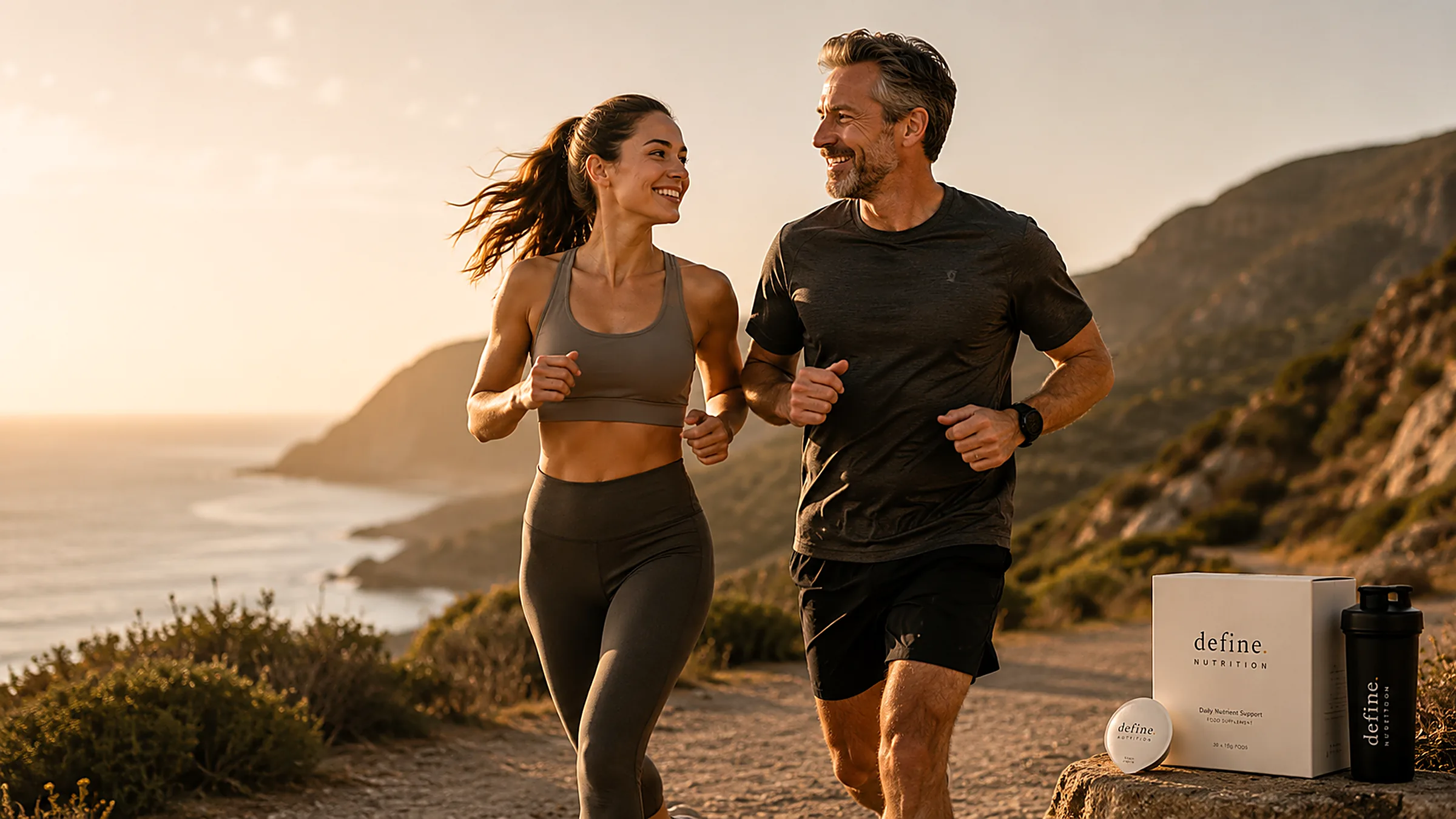 Two runners on a coastal trail at golden hour, a define. nutrition box and shaker resting on a rock beside the path.